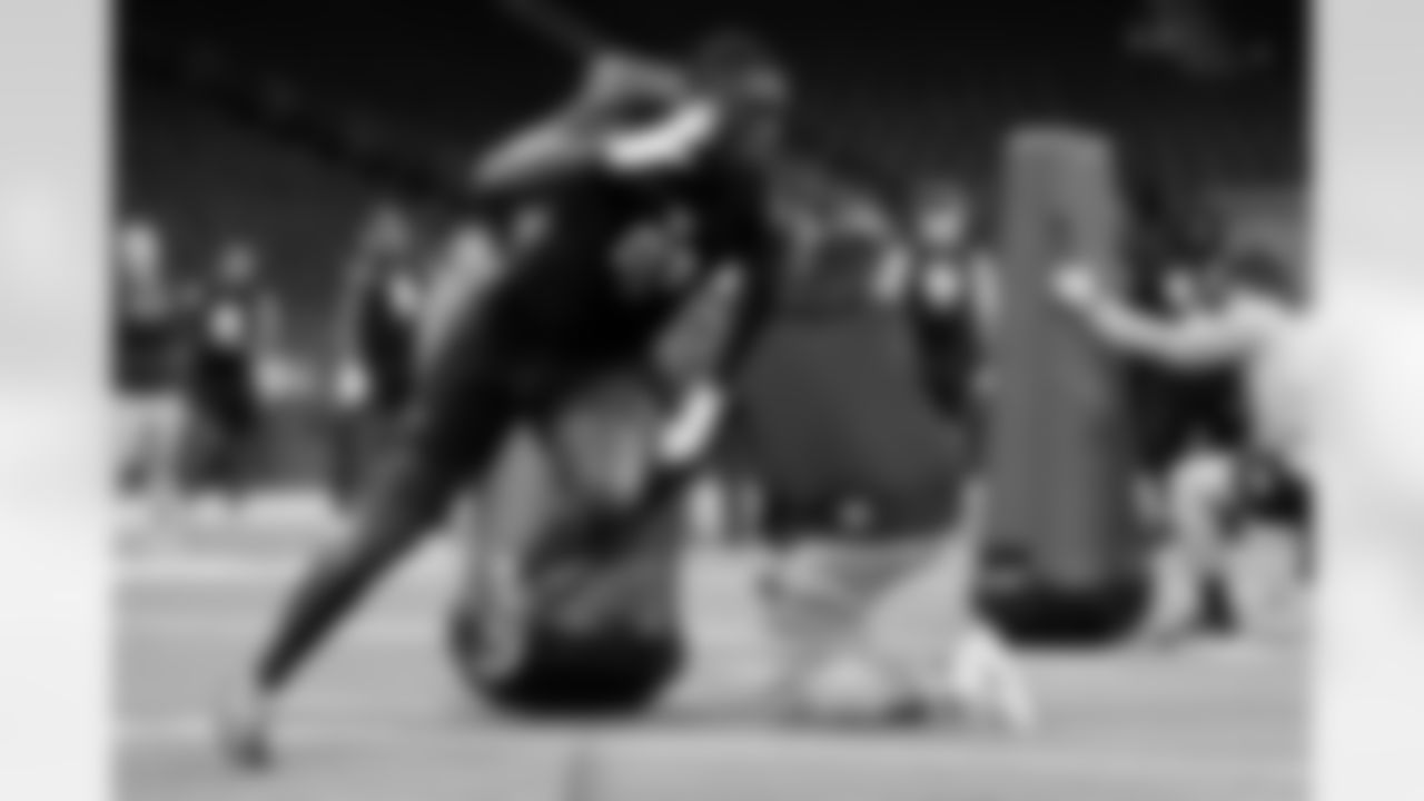 Miami linebacker Wesley Bissainthe (03) participates in a drill during the 2026 NFL Scouting Combine on Thursday, February 26, 2026 in Indianapolis, Indiana. (Lauren Leigh Bacho/NFL)