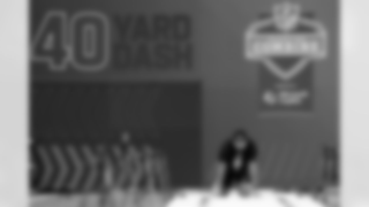 Arkansas defensive lineman Cameron Ball (01) runs the 40-yard dash during the 2026 NFL Scouting Combine on Thursday, February 26, 2026 in Indianapolis, Indiana. (Lauren Leigh Bacho/NFL)