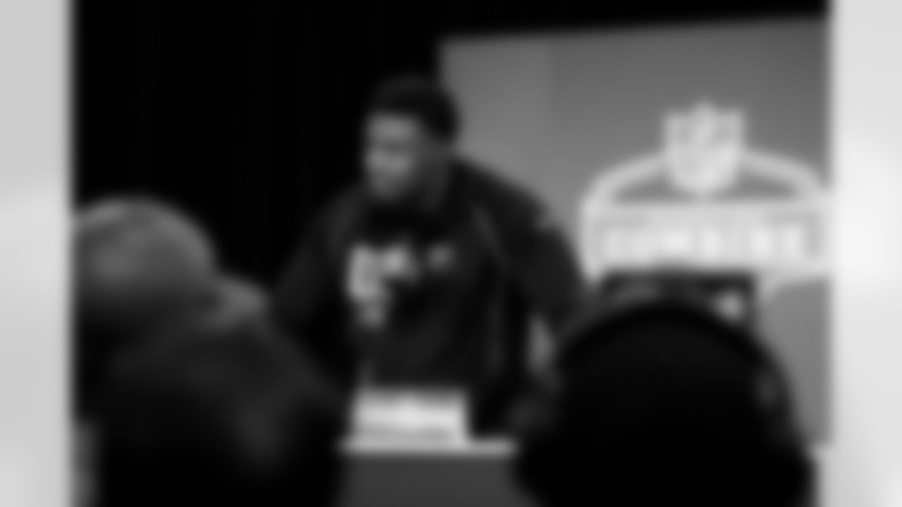 Georgia linebacker CJ Allen (01) speaks during a press conference at the 2026 NFL Scouting Combine on Wednesday, February 25, 2026 in Indianapolis, Indiana. (Lauren Leigh Bacho/NFL)