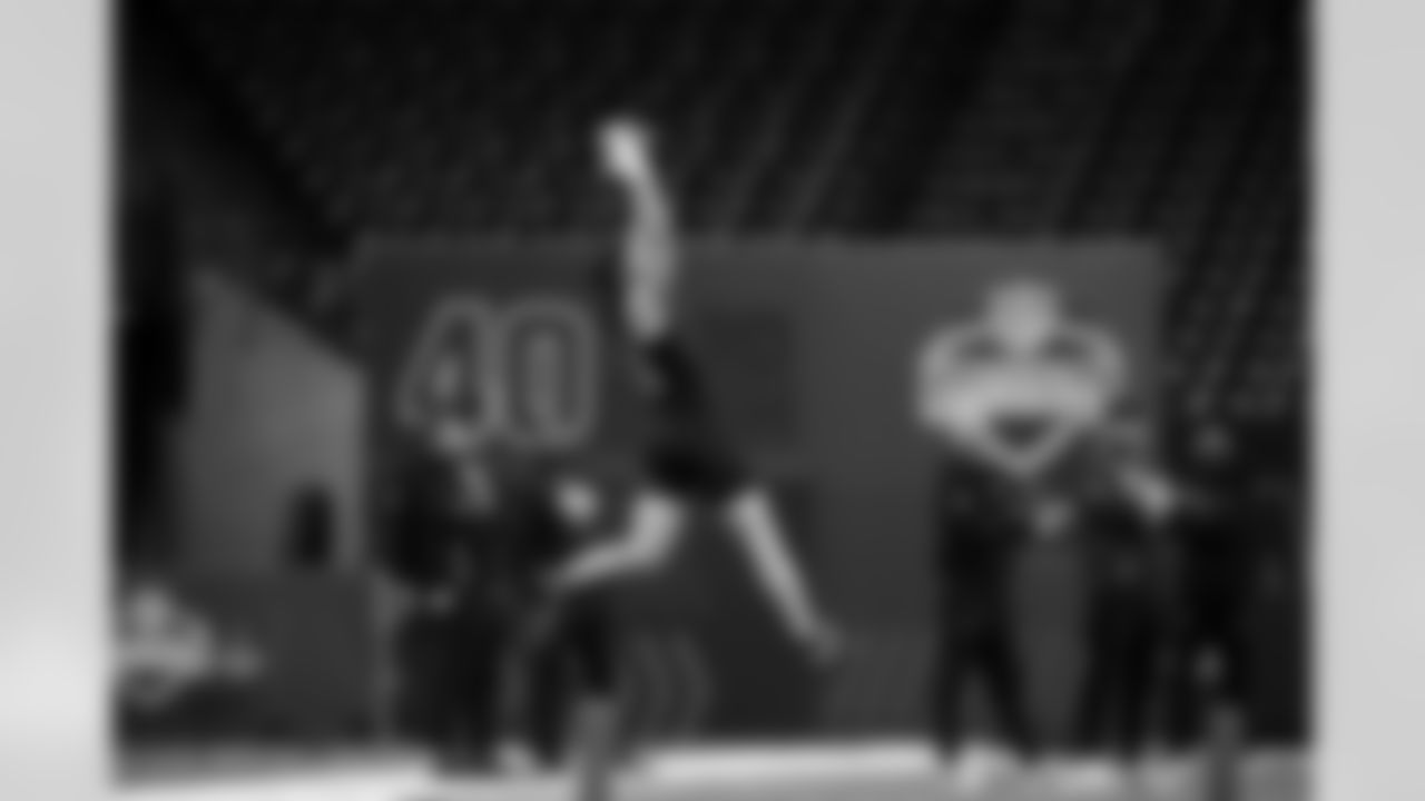 BYU wide receiver Chase Roberts (33) participates in a drill during the 2026 NFL Scouting Combine on Saturday, February 28, 2026 in Indianapolis, Indiana. (Cooper Neill/NFL)
