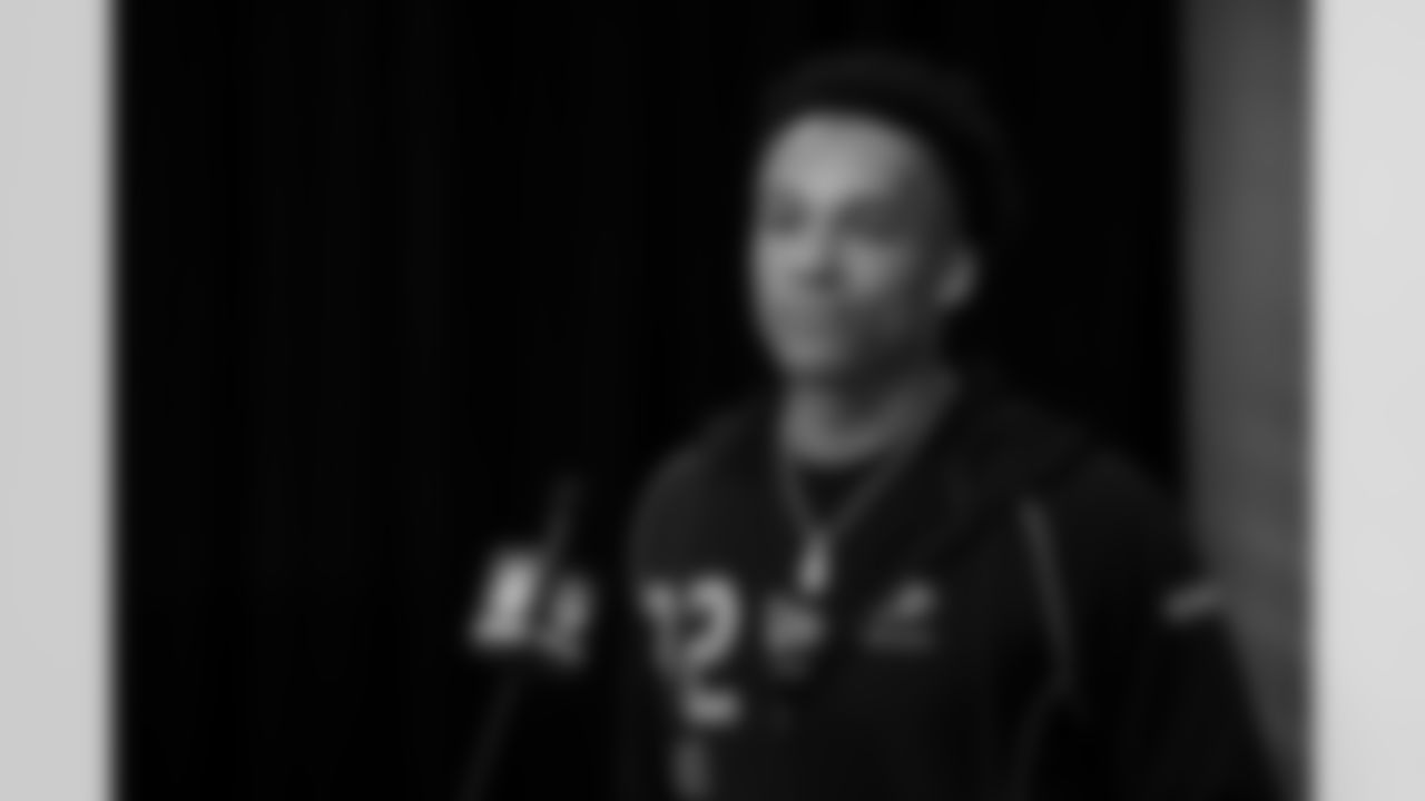 Georgia Tech wide receiver Eric Rivers (32) speaks during a press conference at the 2026 NFL Scouting Combine on Friday, February 27, 2026 in Indianapolis, Indiana. (Cooper Neill/NFL)