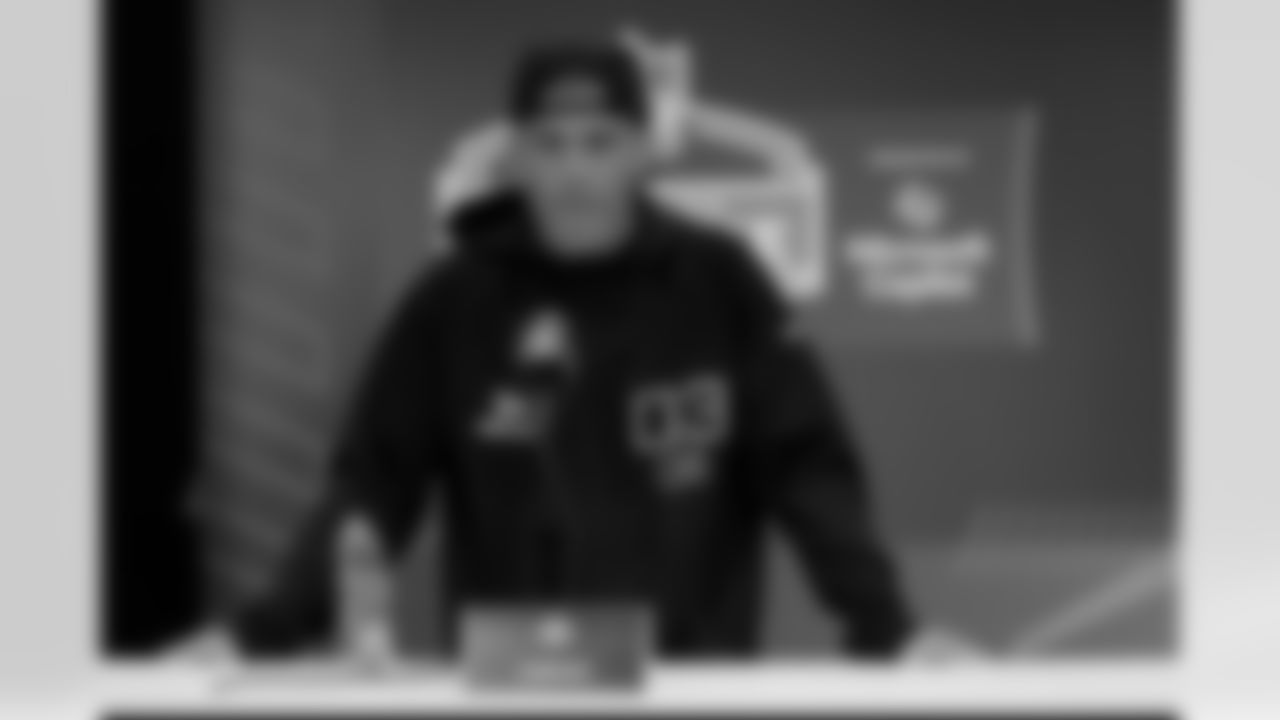 Mississippi quarterback Jaxson Dart speaks during a press conference at the NFL football scouting combine Friday, Feb. 28, 2025, in Indianapolis. (AP Photo/George Walker IV)