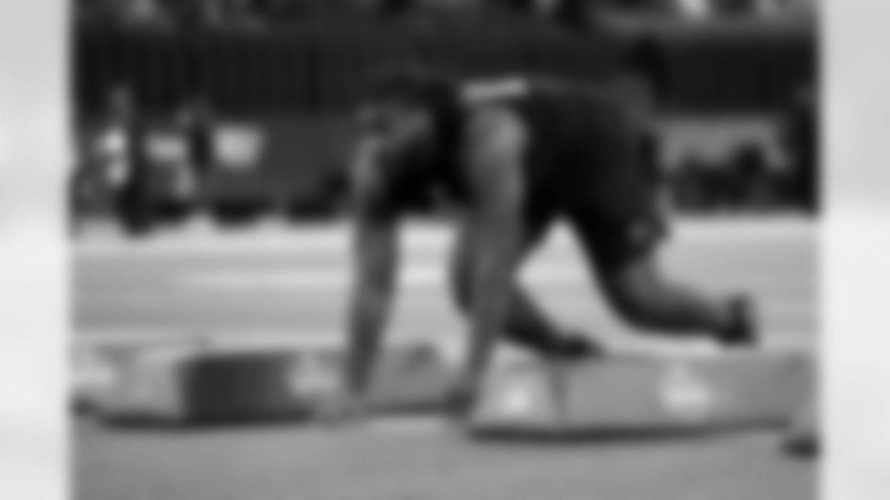 South Carolina defensive lineman Nick Barrett (03) participates in a drill during the 2026 NFL Scouting Combine on Thursday, February 26, 2026 in Indianapolis, Indiana. (Lauren Leigh Bacho/NFL)