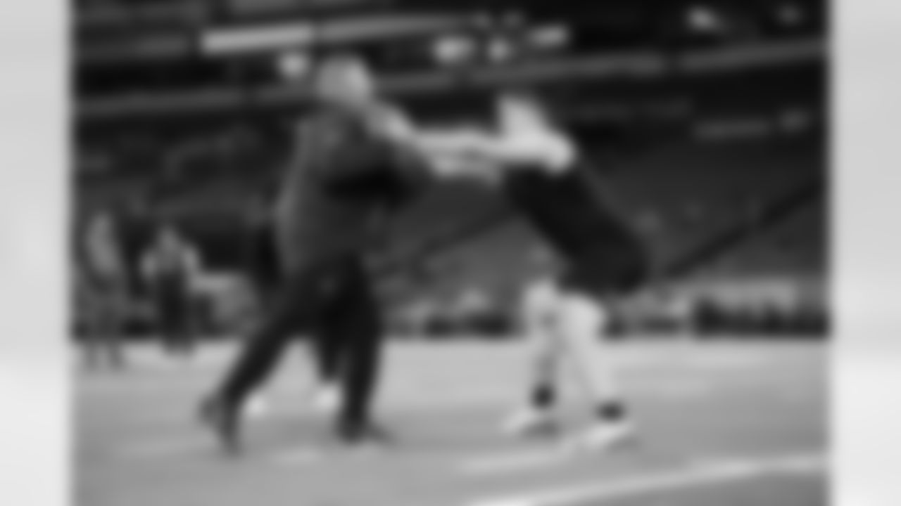 Boise State offensive lineman Kage Casey (13) participates in a drill during the 2026 NFL Scouting Combine on Sunday, March 1, 2026 in Indianapolis, Indiana. (Cooper Neill/NFL)