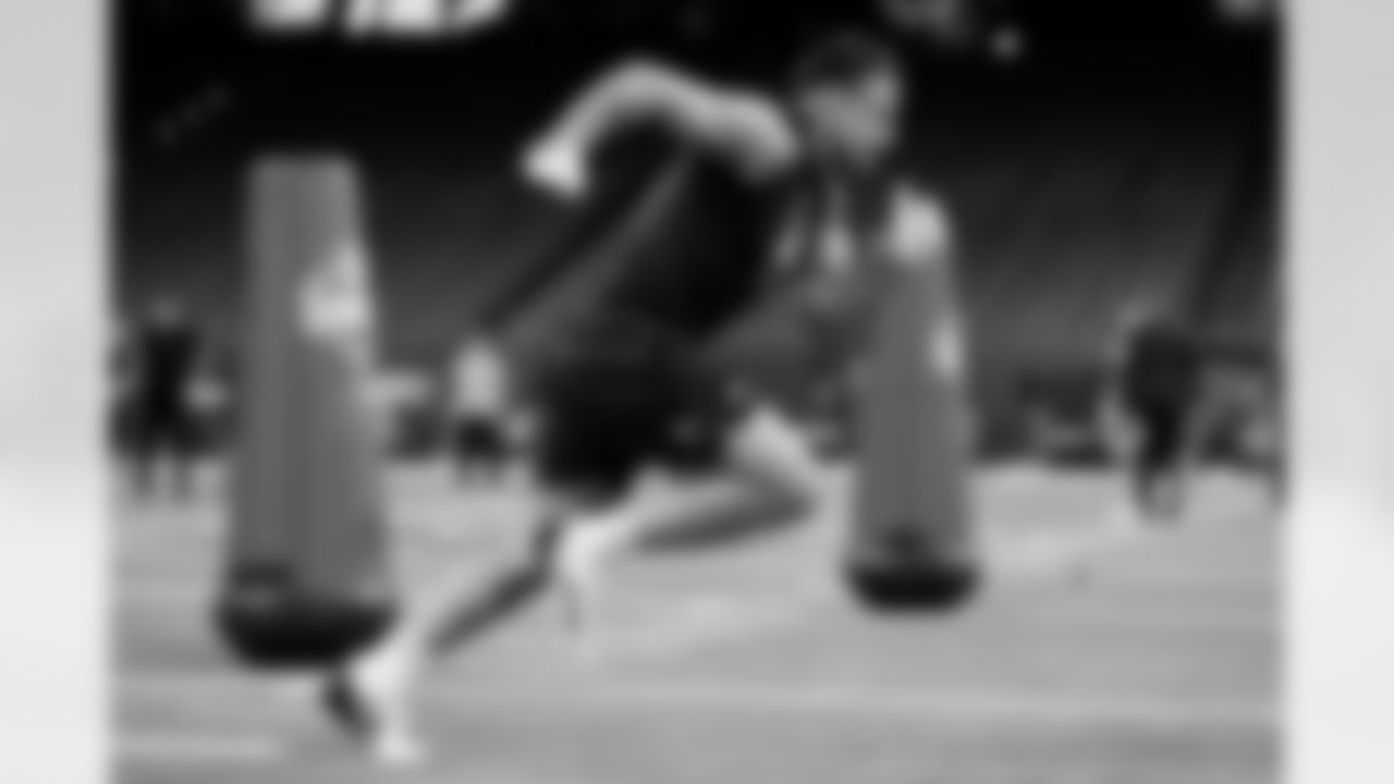 BYU linebacker Jack Kelly (14) participates in a drill during the 2026 NFL Scouting Combine on Thursday, February 26, 2026 in Indianapolis, Indiana. (Lauren Leigh Bacho/NFL)