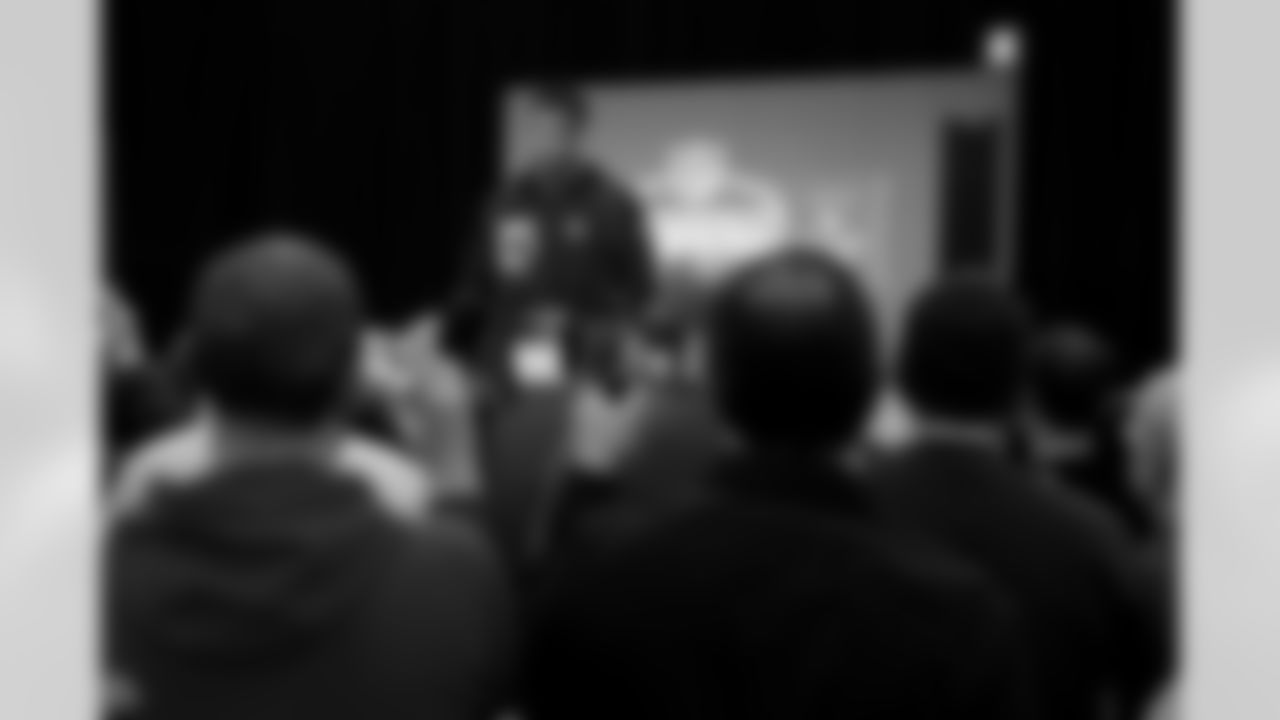 Ohio State linebacker Sonny Styles (25) speaks during a press conference at the 2026 NFL Scouting Combine on Wednesday, February 25, 2026 in Indianapolis, Indiana. (Lauren Leigh Bacho/NFL)