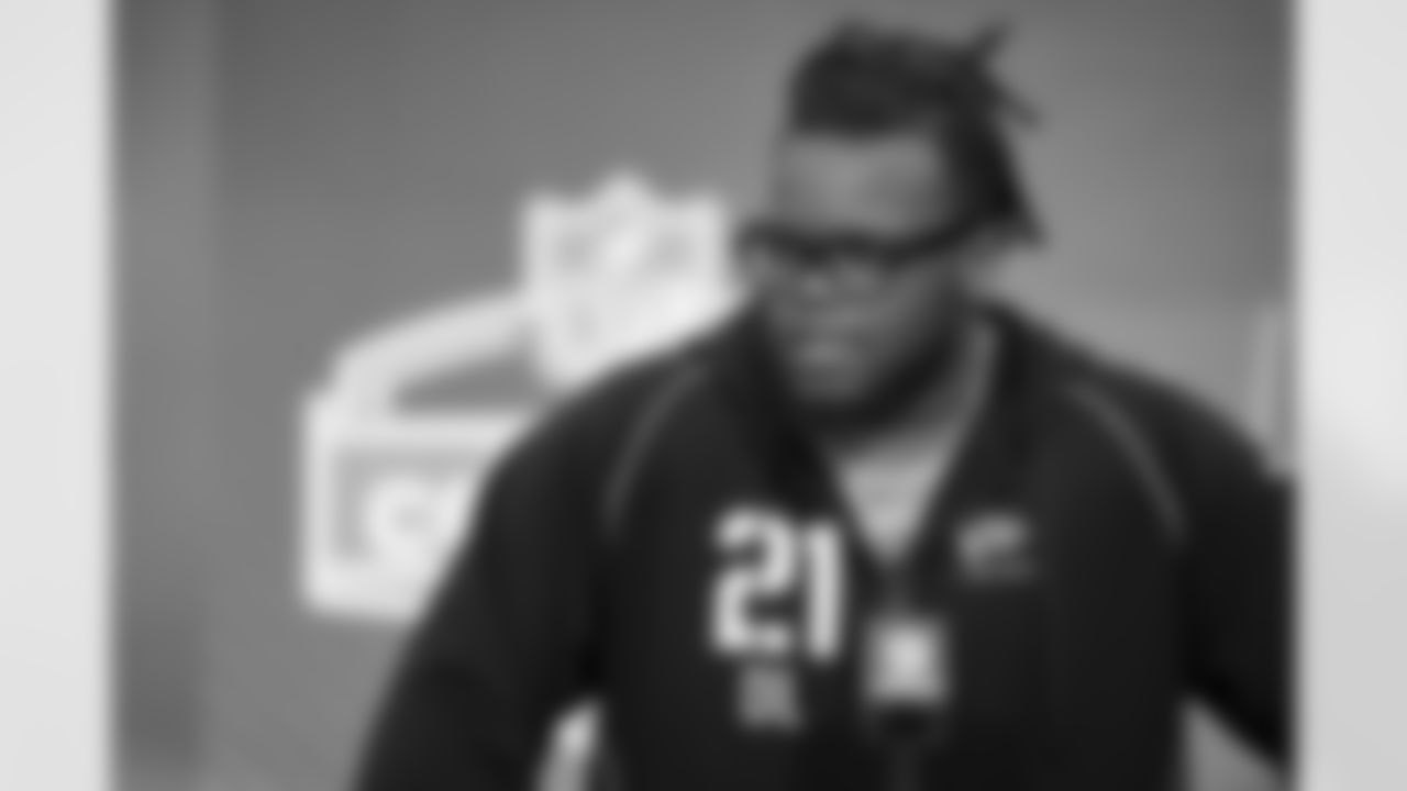 Ohio State defensive lineman Kayden McDonald (21) speaks during a press conference at the 2026 NFL Scouting Combine on Wednesday, February 25, 2026 in Indianapolis, Indiana. (Cooper Neill/NFL)