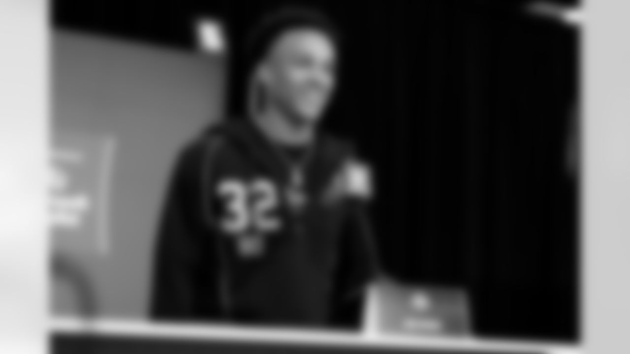 Georgia Tech wide receiver Eric Rivers (32) speaks during a press conference at the 2026 NFL Scouting Combine on Friday, February 27, 2026 in Indianapolis, Indiana. (Lauren Leigh Bacho/NFL)