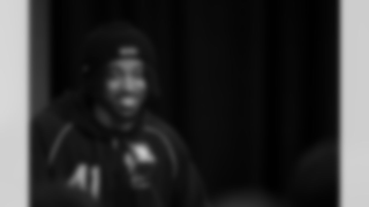 Indiana defensive back Louis Moore (41) speaks during a press conference at the 2026 NFL Scouting Combine on Thursday, February 26, 2026 in Indianapolis, Indiana. (Cooper Neill/NFL)