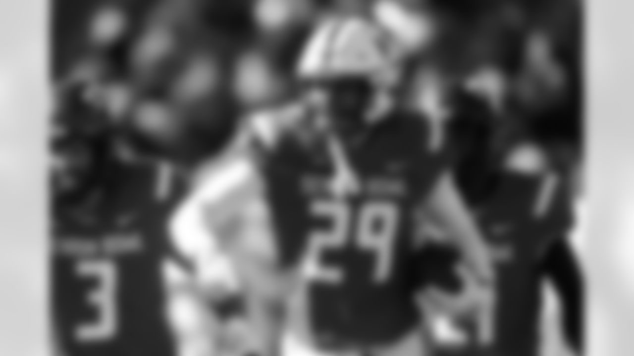 National Team safety Deshon Singleton (29), of Nebraska, celebrates after an interception during the first half of the Senior Bowl NCAA college football game Saturday, Jan. 31, 2026, in Mobile, Ala. (AP Photo/Butch Dill)