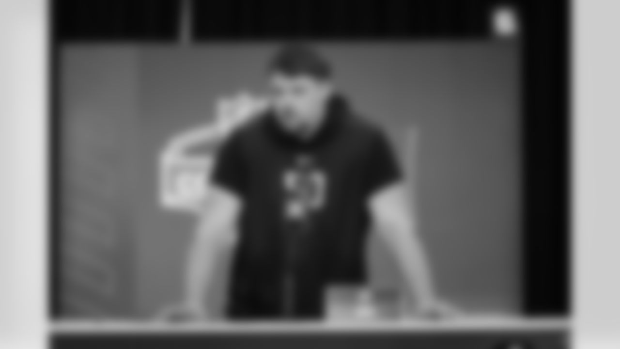 Northwestern offensive lineman Caleb Tiernan (50) speaks during a press conference at the NFL football scouting combine in Indianapolis, Saturday, Feb. 28, 2026. (AP Photo/Michael Conroy)