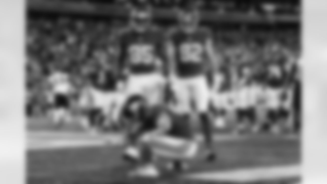 New York Giants running back Cam Skattebo (44) celebrates after a touchdown during an NFL football game against the Philadelphia Eagles, Thursday, Oct. 9, 2025 in East Rutherford, N.J. (Kathryn Riley via AP)