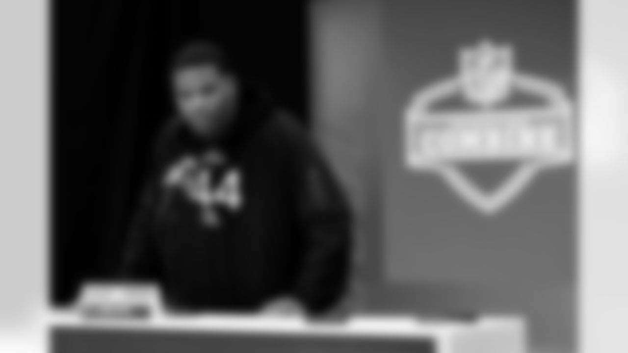 Penn State defensive lineman Abdul Carter speaks at the podium during the NFL football scouting combine in Indianapolis, Wednesday, Feb. 26, 2025. (Brooke Sutton via AP)