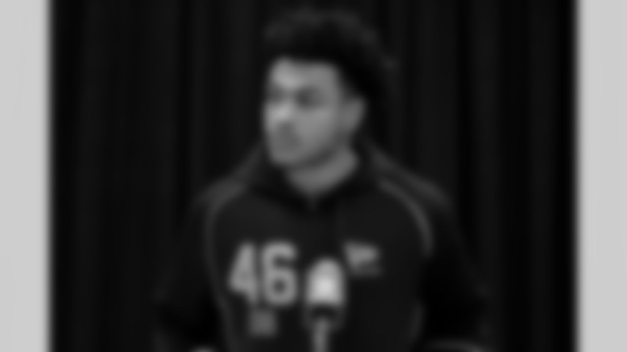 Nebraska defensive back DeShon Singleton (46) speaks during a press conference at the 2026 NFL Scouting Combine on Thursday, February 26, 2026 in Indianapolis, Indiana. (Lauren Leigh Bacho/NFL)