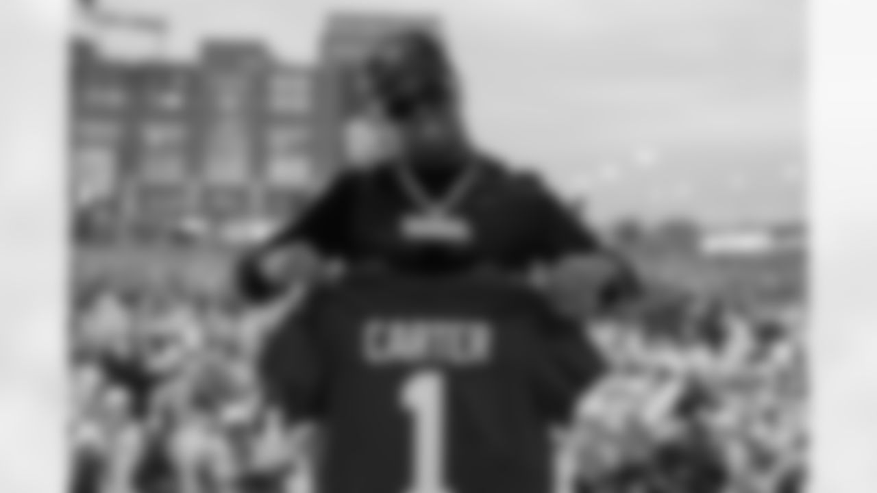 Penn State defensive end Abdul Carter poses on stage after being selected third overall by the New York Giants during the 2025 NFL Draft on Thursday, April 24, 2025 in Green Bay, Wisconsin. (Ben Liebenberg/NFL)