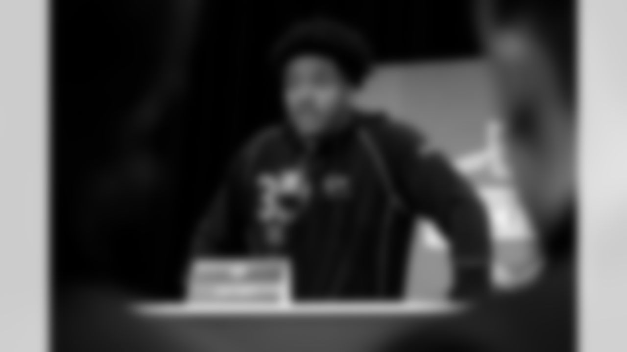 Toledo defensive back Avery Smith (30) speaks during a press conference at the 2026 NFL Scouting Combine on Thursday, February 26, 2026 in Indianapolis, Indiana. (Lauren Leigh Bacho/NFL)