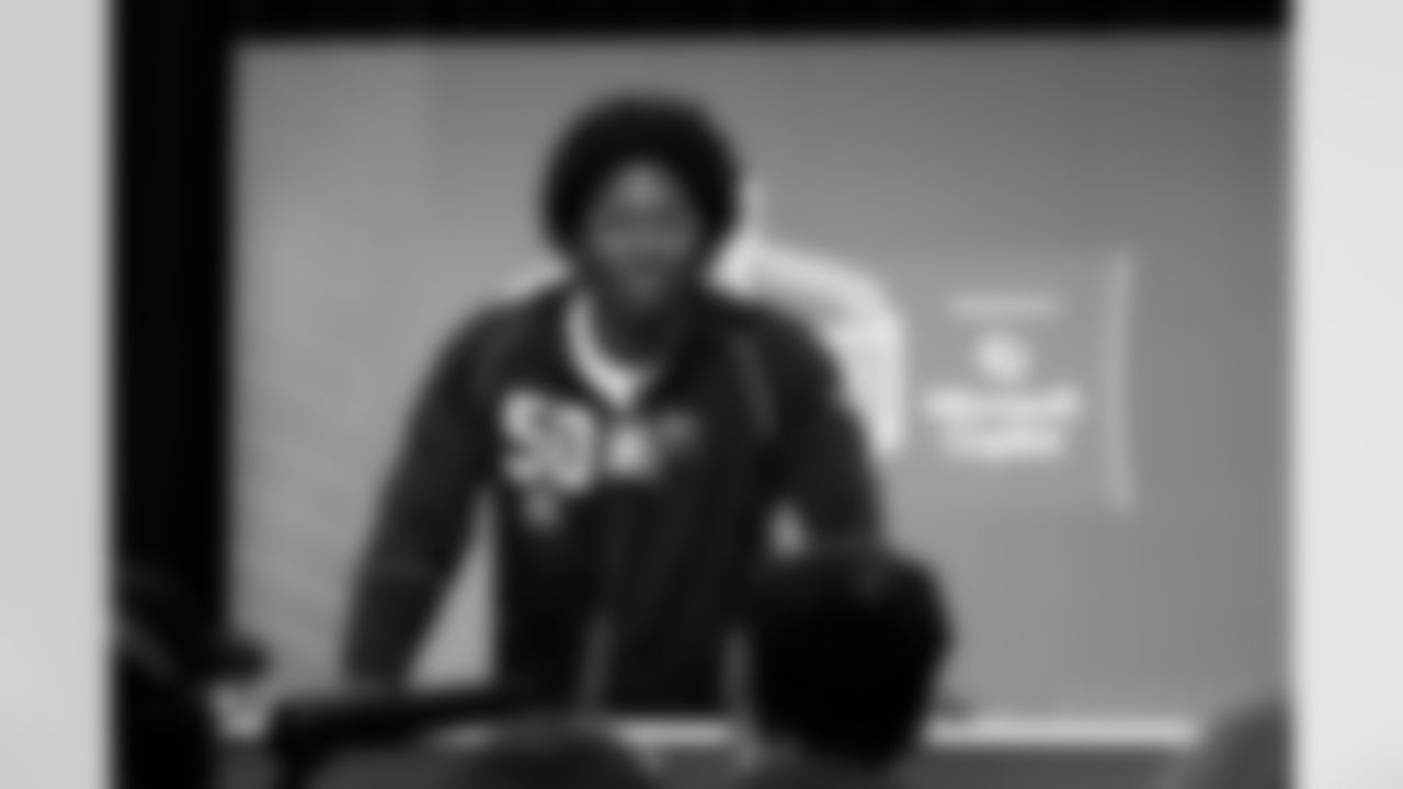 Southern California defensive lineman Anthony Lucas (50) speaks during a press conference at the 2026 NFL Scouting Combine on Wednesday, February 25, 2026 in Indianapolis, Indiana. (Lauren Leigh Bacho/NFL)