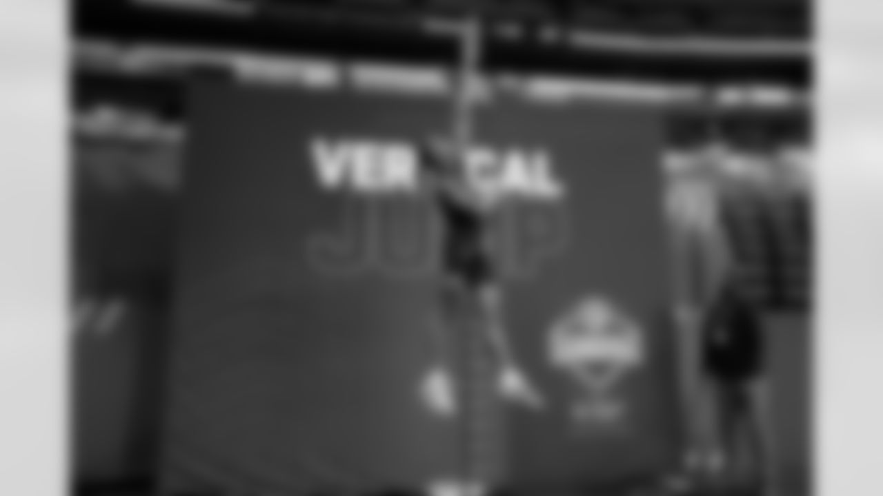 Oklahoma defensive back Robert Spears-Jennings (48) participates in the vertical jump during the 2026 NFL Scouting Combine on Friday, February 27, 2026 in Indianapolis, Indiana. (Lauren Leigh Bacho/NFL)
