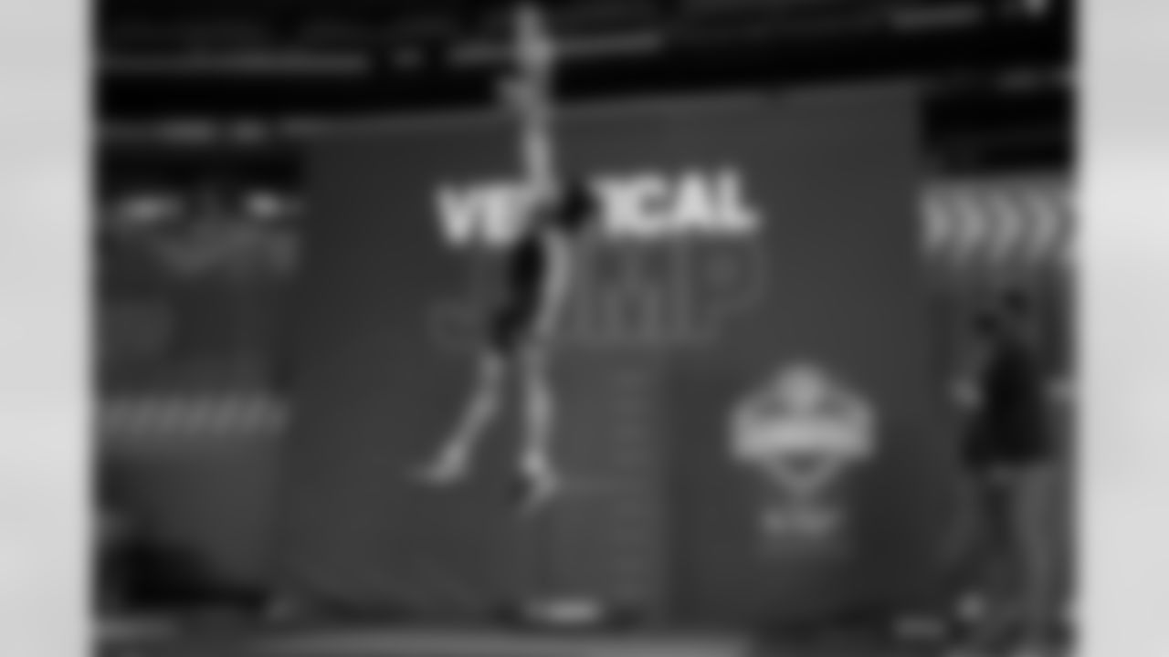 North Carolina defensive back Thaddeus Dixon (08) participates in the vertical jump during the 2026 NFL Scouting Combine on Friday, February 27, 2026 in Indianapolis, Indiana. (Lauren Leigh Bacho/NFL)