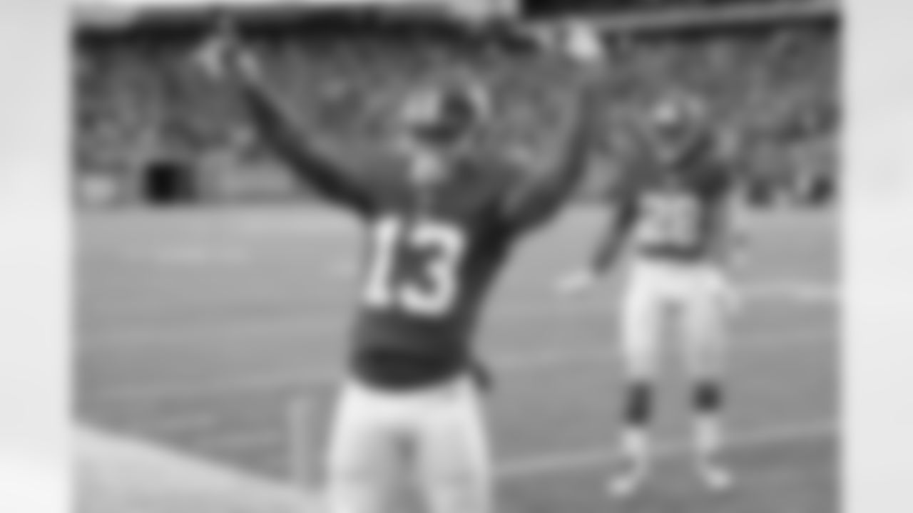 New York Giants wide receiver Odell Beckham (13) celebrates after scoring a touchdown during the second half of an NFL football game against the Detroit Lions Sunday, Dec. 18, 2016, in East Rutherford, N.J. (AP Photo/Bill Kostroun)