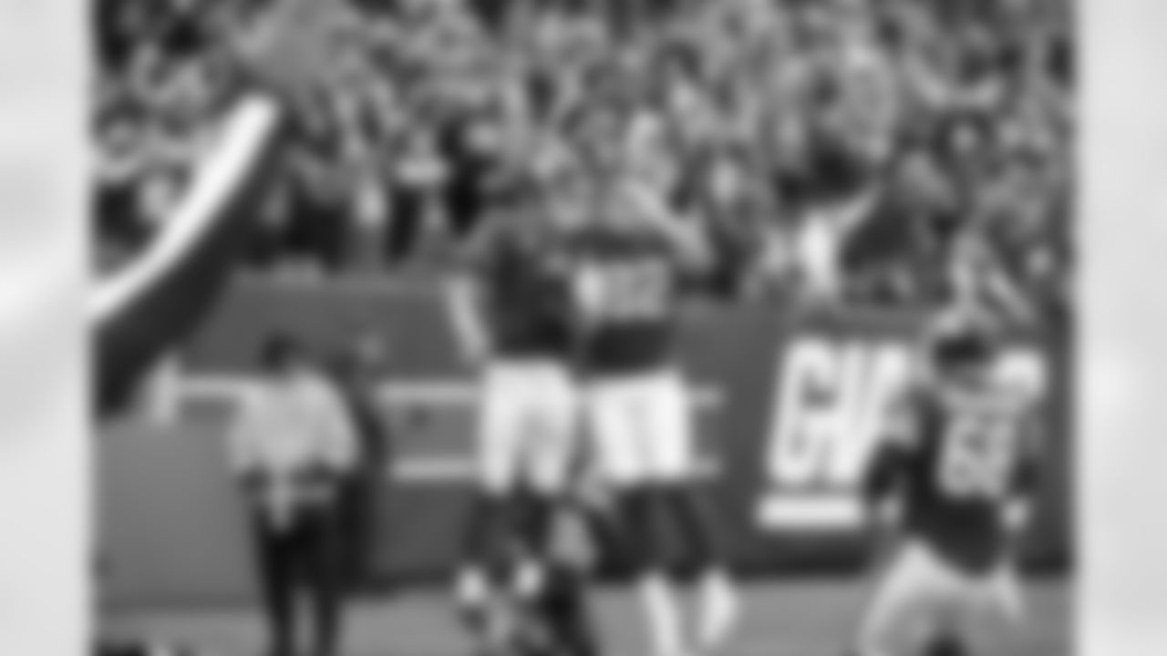 New York Giants quarterback Daniel Jones (8) celebrates with tight end Daniel Bellinger (82) during a game against the Chicago Bears on Sunday October 2, 2022 in East Rutherford, New Jersey (Jerry Pinkus/ New York Giants)