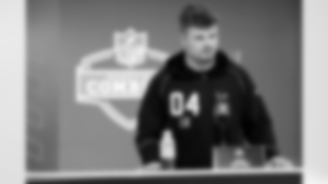 Oregon linebacker Bryce Boettcher (04) speaks during a press conference at the 2026 NFL Scouting Combine on Wednesday, February 25, 2026 in Indianapolis, Indiana. (Lauren Leigh Bacho/NFL)