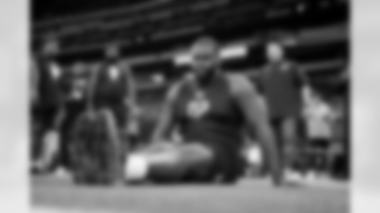 Florida defensive lineman Caleb Banks (02) stretches during the 2026 NFL Scouting Combine on Thursday, February 26, 2026 in Indianapolis, Indiana. (Cooper Neill/NFL)