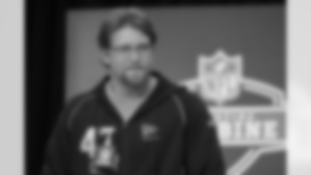 Florida offensive lineman Jake Slaughter (47) speaks during a press conference at the NFL football scouting combine in Indianapolis, Saturday, Feb. 28, 2026. (AP Photo/Michael Conroy)