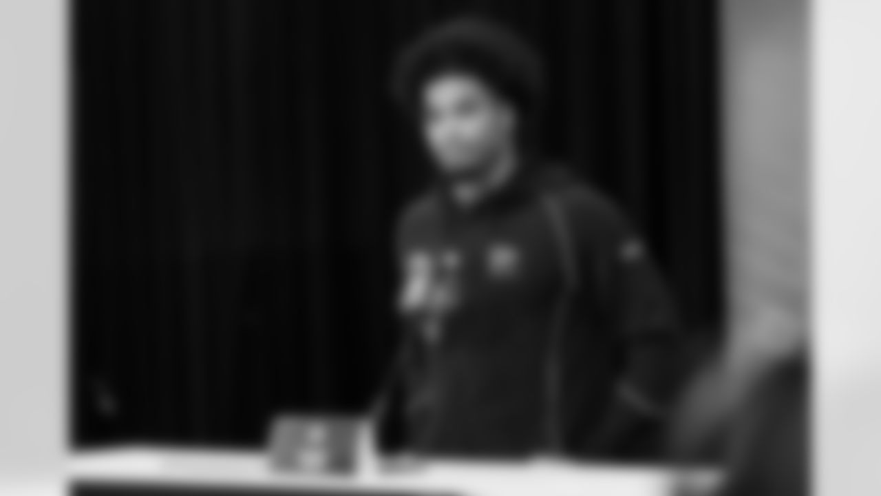 LSU defensive back Mansoor Delane (06) speaks during a press conference at the 2026 NFL Scouting Combine on Thursday, February 26, 2026 in Indianapolis, Indiana. (Cooper Neill/NFL)