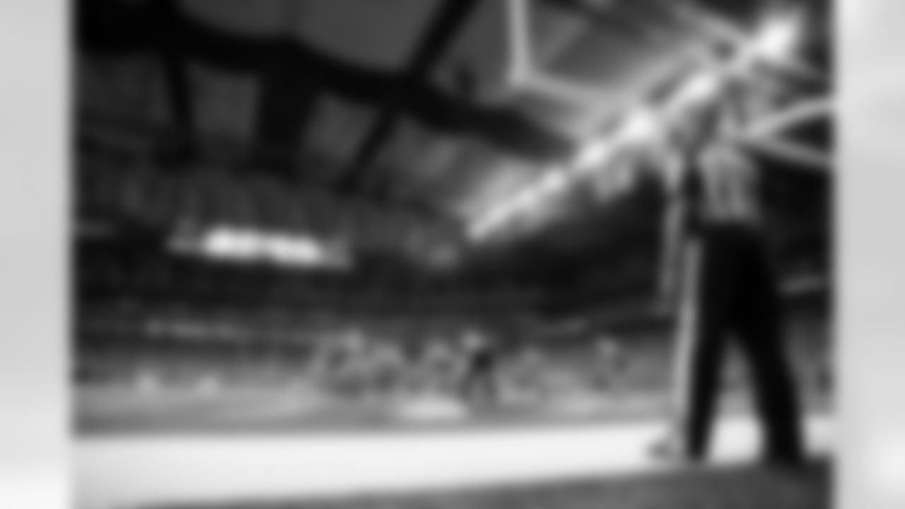 Field judge Dyrol Prioleau (109) looks from the end zone during the second quarter of an NFL football game between the Detroit Lions and the New York Giants in Detroit, Sunday, Dec. 22, 2013. (AP Photo/Rick Osentoski)