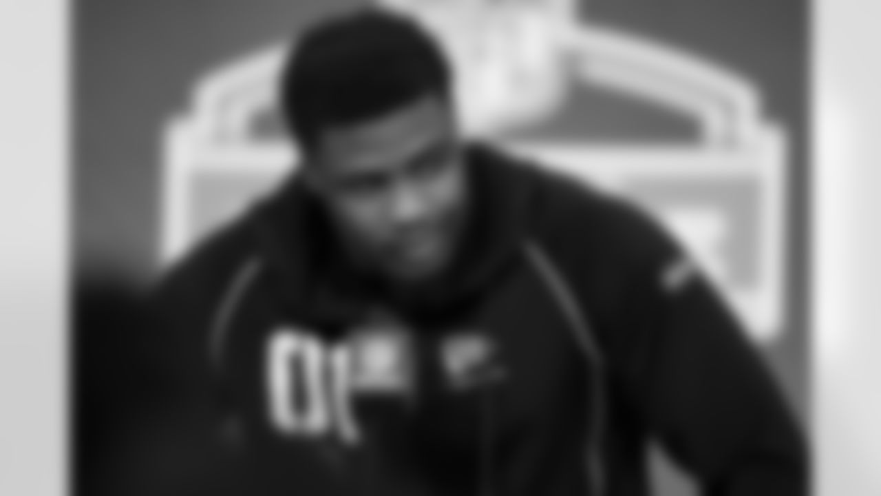 2026 Combine Participants Georgia linebacker CJ Allen (01) speaks during a press conference at the 2026 NFL Scouting Combine on Wednesday, February 25, 2026 in Indianapolis, Indiana. (Cooper Neill/NFL)