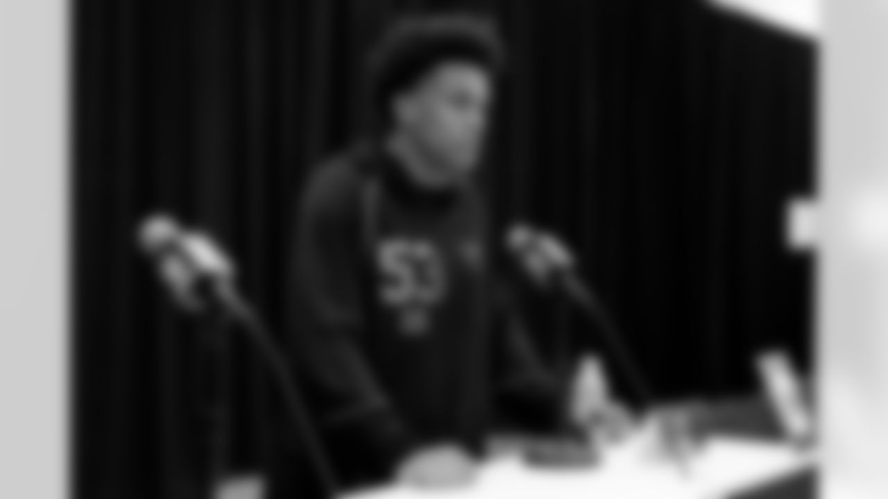 Miami defensive back Jakobe Thomas (53) speaks during a press conference at the 2026 NFL Scouting Combine on Thursday, February 26, 2026 in Indianapolis, Indiana. (Lauren Leigh Bacho/NFL)