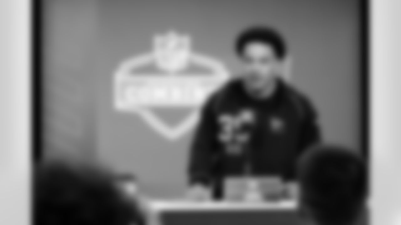 Mississippi State wide receiver Brenen Thompson (39) speaks during a press conference at the 2026 NFL Scouting Combine on Friday, February 27, 2026 in Indianapolis, Indiana. (Lauren Leigh Bacho/NFL)