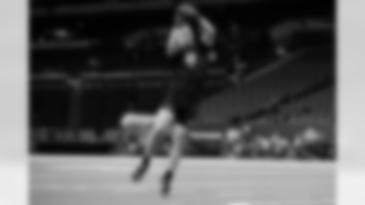 Michigan linebacker Jimmy Rolder (22) participates in a drill during the 2026 NFL Scouting Combine on Thursday, February 26, 2026 in Indianapolis, Indiana. (Lauren Leigh Bacho/NFL)