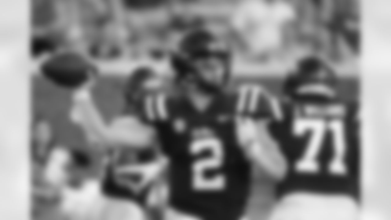 Mississippi quarterback Jaxson Dart (2) looks to pass during the second half of an NCAA college football game against Tulsa in Oxford, Miss., Saturday, Sept. 24, 2022. Mississippi won 35-27. (AP Photo/Thomas Graning)