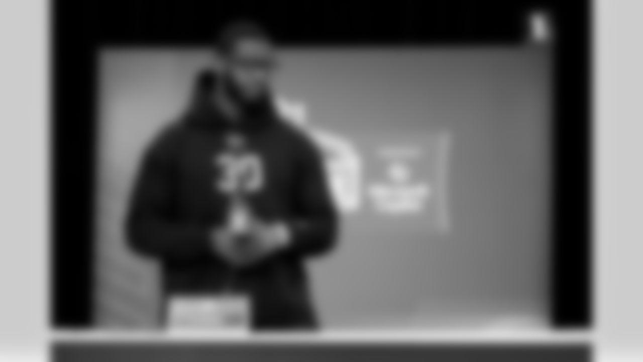 Duke defensive lineman Vincent Anthony Jr. (30) speaks during a press conference at the 2026 NFL Scouting Combine on Wednesday, February 25, 2026 in Indianapolis, Indiana. (Lauren Leigh Bacho/NFL)