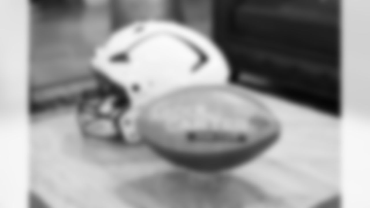 A detail view of Penn State defensive end Abdul Carter football and helmet in the green room prior to the 2025 NFL Draft on Thursday, April 24, 2025 in Green Bay, Wisconsin. (Lauren Leigh Bacho/NFL)