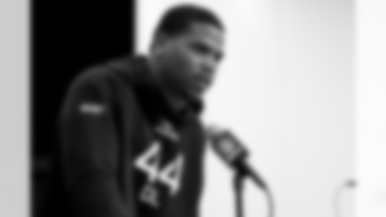 Penn State defensive lineman Abdul Carter speaks at the podium during the NFL football scouting combine in Indianapolis, Wednesday, Feb. 26, 2025. (Brooke Sutton via AP)