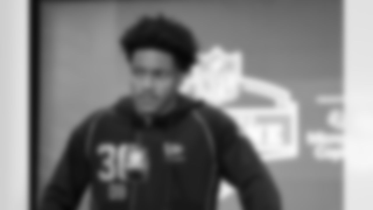 Toledo defensive back Avery Smith (30) speaks during a press conference at the 2026 NFL Scouting Combine on Thursday, February 26, 2026 in Indianapolis, Indiana. (Cooper Neill/NFL)