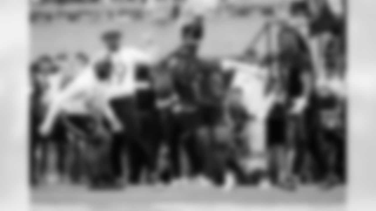 NFC wide receiver Malik Nabers (1), of the New York Giants, celebrates after making a reception during the flag football event at the NFL Pro Bowl Games on Sunday, February 2, 2025, in Orlando, Fla. (Doug Benc/AP Images for NFL)