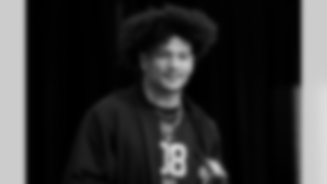 Washington wide receiver Denzel Boston (08) speaks during a press conference at the 2026 NFL Scouting Combine on Friday, February 27, 2026 in Indianapolis, Indiana. (Lauren Leigh Bacho/NFL)