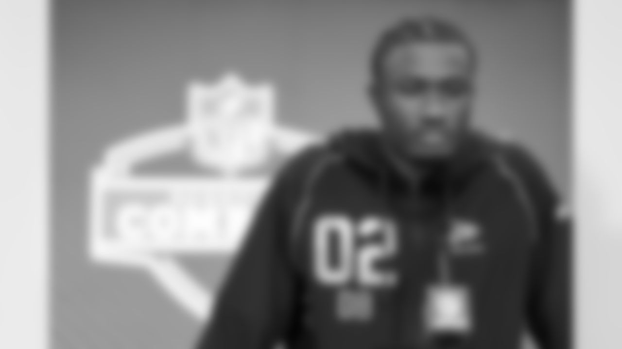 North Carolina defensive back Marcus Allen (02) speaks during a press conference at the 2026 NFL Scouting Combine on Thursday, February 26, 2026 in Indianapolis, Indiana. (Cooper Neill/NFL)