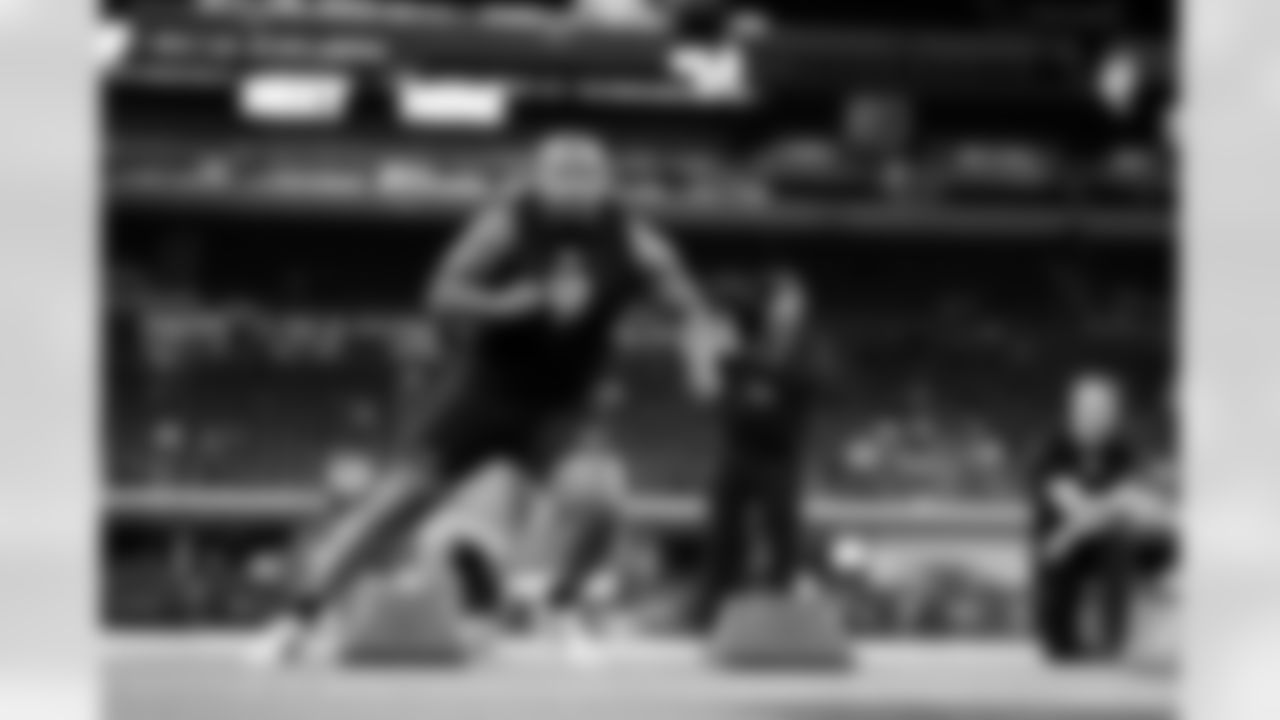 Kentucky defensive lineman David Gusta (12) participates in a drill during the 2026 NFL Scouting Combine on Thursday, February 26, 2026 in Indianapolis, Indiana. (Cooper Neill/NFL)