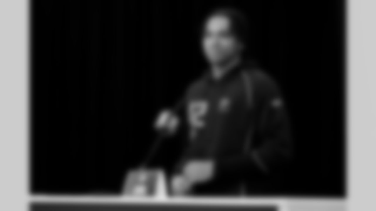 Mississippi wide receiver Harrison Wallace III (42) speaks during a press conference at the 2026 NFL Scouting Combine on Friday, February 27, 2026 in Indianapolis, Indiana. (Lauren Leigh Bacho/NFL)