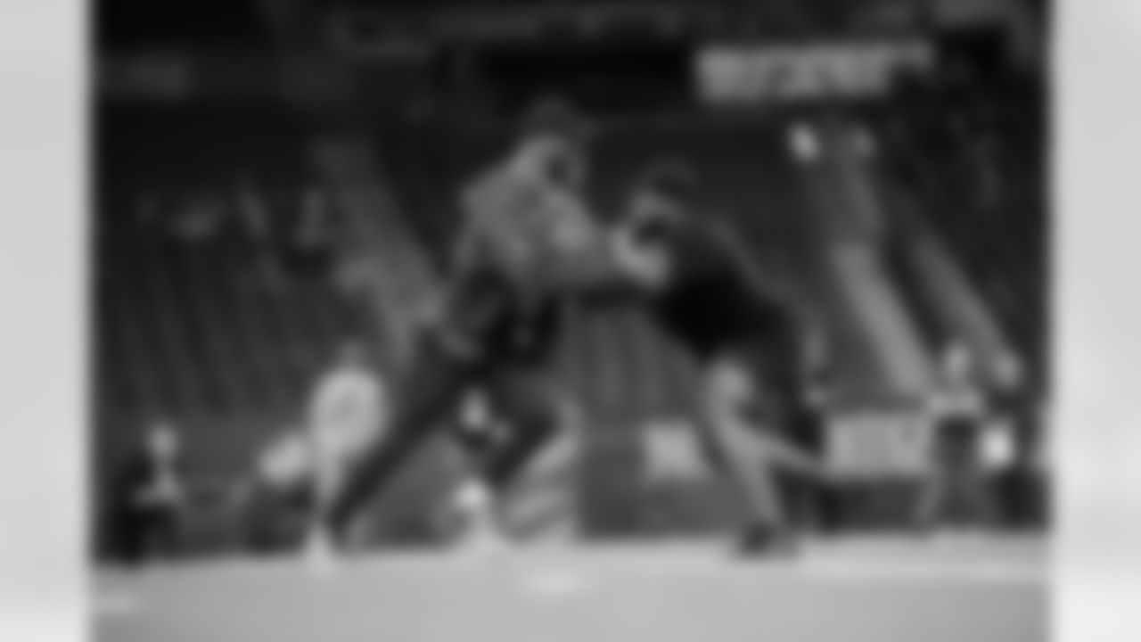 Texas offensive lineman DJ Campbell (11) participates in a drill during the 2026 NFL Scouting Combine on Sunday, March 1, 2026 in Indianapolis, Indiana. (Cooper Neill/NFL)