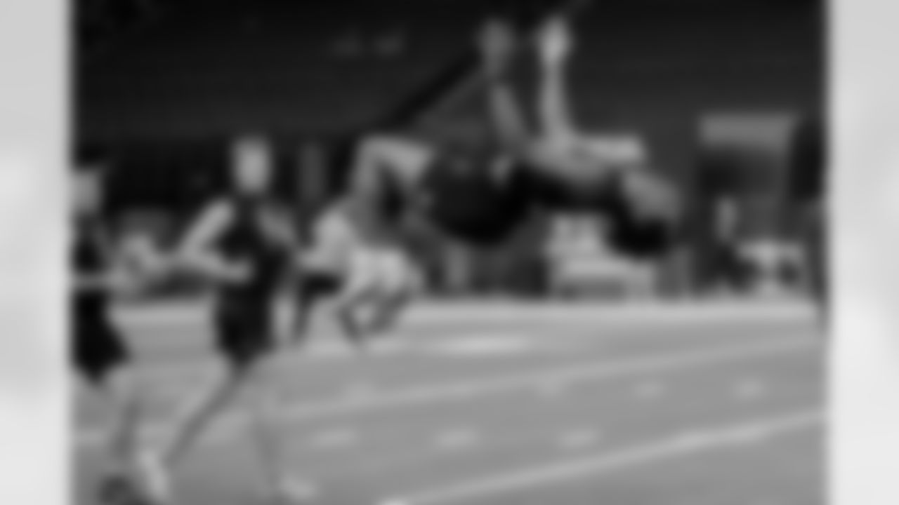 Florida wide receiver J. Michael Sturdivant (36) celebrates during the 2026 NFL Scouting Combine on Saturday, February 28, 2026 in Indianapolis, Indiana. (Lauren Leigh Bacho/NFL)
