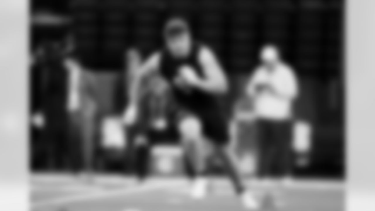 Oregon linebacker Bryce Boettcher (04) during the 2026 NFL Scouting Combine on Thursday, February 26, 2026 in Indianapolis, Indiana. (Cooper Neill/NFL)