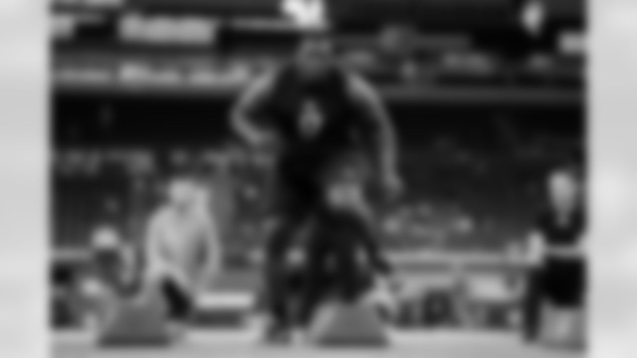 Auburn defensive lineman Bobby Jamison-Travis (17) participates in a drill during the 2026 NFL Scouting Combine on Thursday, February 26, 2026 in Indianapolis, Indiana. (Cooper Neill/NFL)