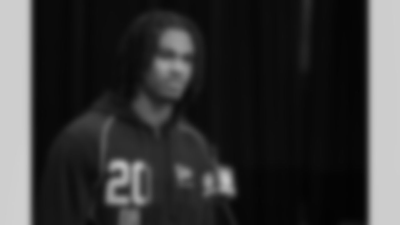 Tennessee defensive back Jermod McCoy (20) speaks during a press conference at the 2026 NFL Scouting Combine on Thursday, February 26, 2026 in Indianapolis, Indiana. (Cooper Neill/NFL)