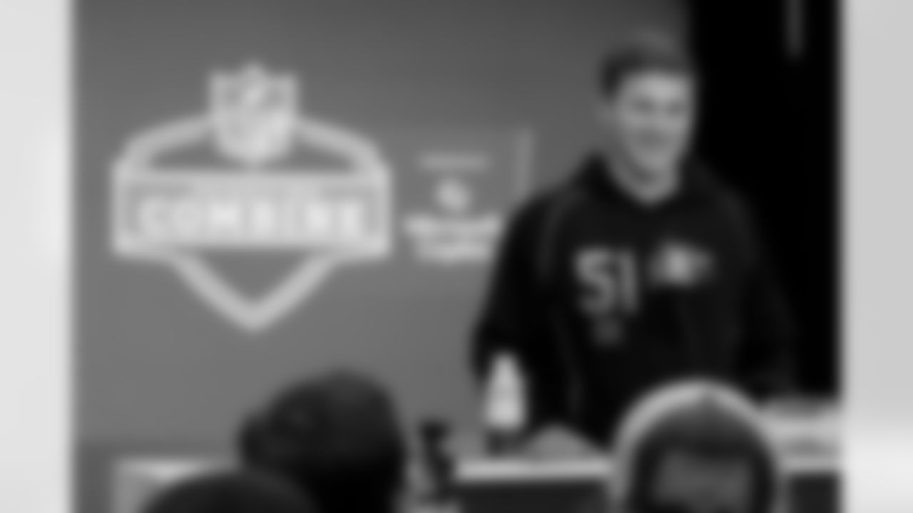 Texas defensive back Michael Taaffe (51) speaks during a press conference at the 2026 NFL Scouting Combine on Thursday, February 26, 2026 in Indianapolis, Indiana. (Lauren Leigh Bacho/NFL)